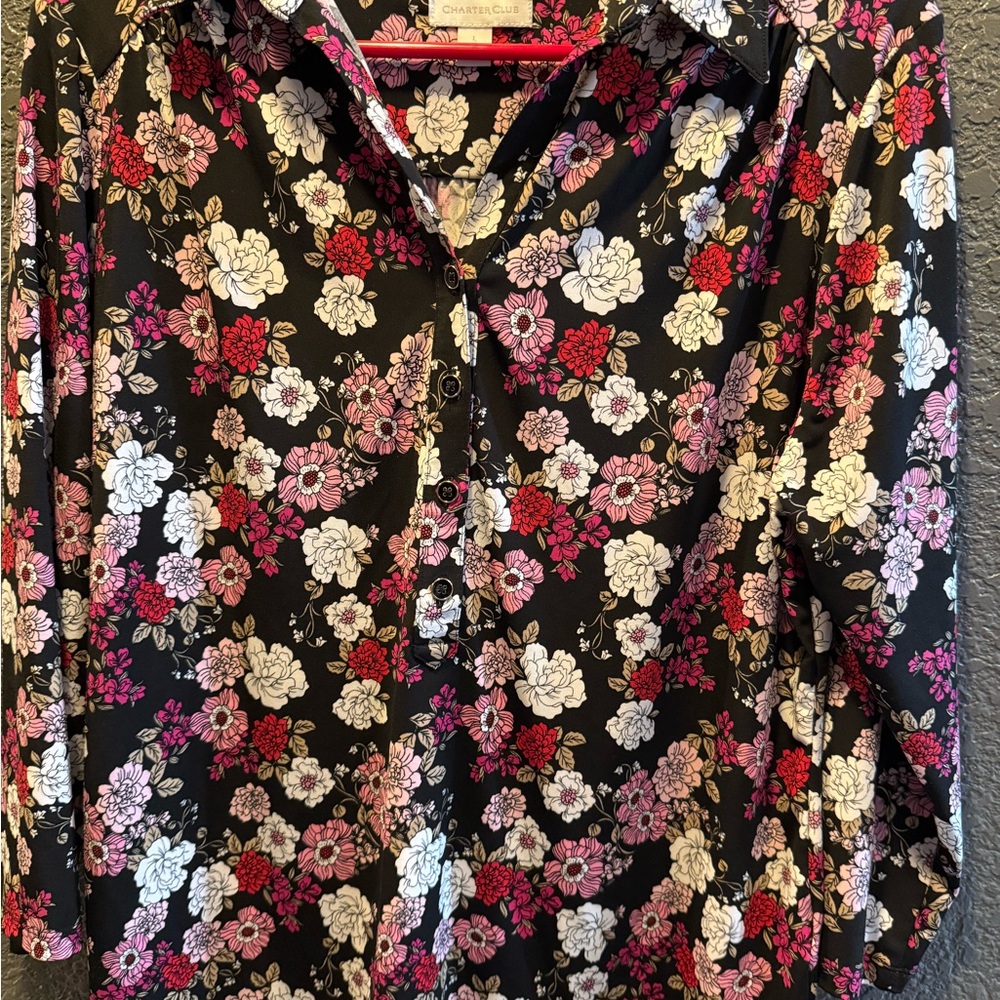 Charter Club Floral Blouse - Black, Pink, and White